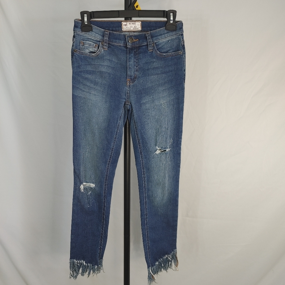 Free People Distressed Skinny Jeans Raw Fray Hem Women Size 25 Boho Stretch